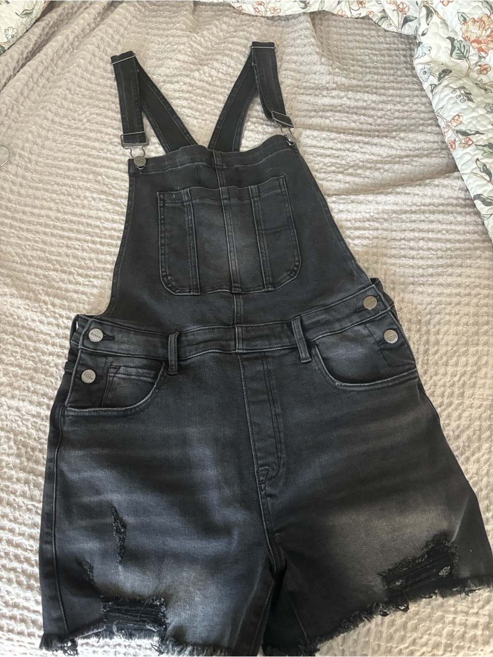 Black Distressed Denim Short Overalls - Women's Casual Romper